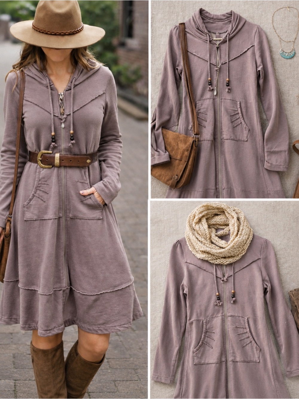 Prairie Underground - Dusty Purple Hooded Long Sleeve Hoodie Jacket/Dress - S